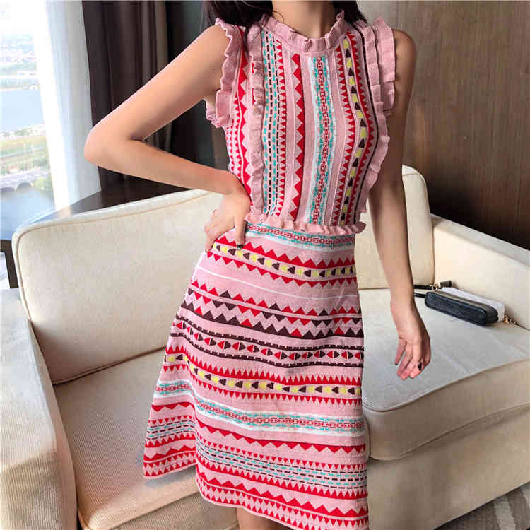 Casual Dresses Runway Sleeveless Knitted A Line Women Summer Rainbow Striped Print Ruffles Sweater Fashion Tank HEO3-image-699514591