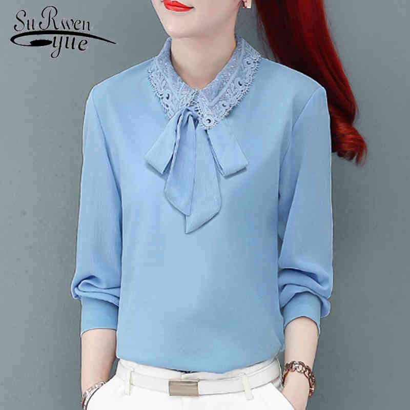 

Autumn Chiffon Elegant Women Tops Casual Clothing Long Sleeve Plus Size Fashion  Blouses Shirts 5460 50 210521, Blue