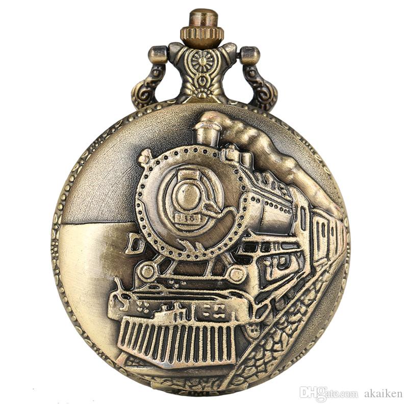 

Vintage Bronze Train Front Locomotive Engine Railway Quartz Pocket Watch Steampunk Pendant Chain Womens Mens Gift, Slivery;golden