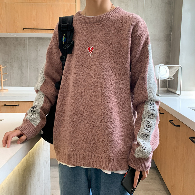 

Men's Sweaters Spring Contrast Color Korean Round Neck Pullover Student Bottoming Shirt Lovers 26 OQG1, Dark gray