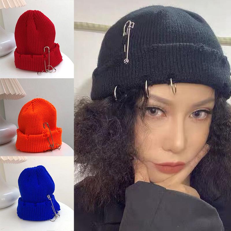 

Berets Fashion Autumn Ring Safety Pin Street Knitting Beanie Hat Unisex Adult Beggar Hole Beanies Hats Bob Hip Hop Elastic Warm Cap