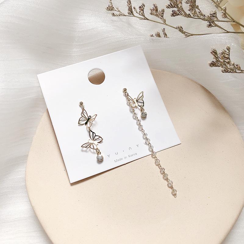 

Stud Korean Advanced Asymmetric Hollowed Out Butterfly Earrings Cool Temperament Crystal Tassel Net Red Personalized Fas, Golden;silver