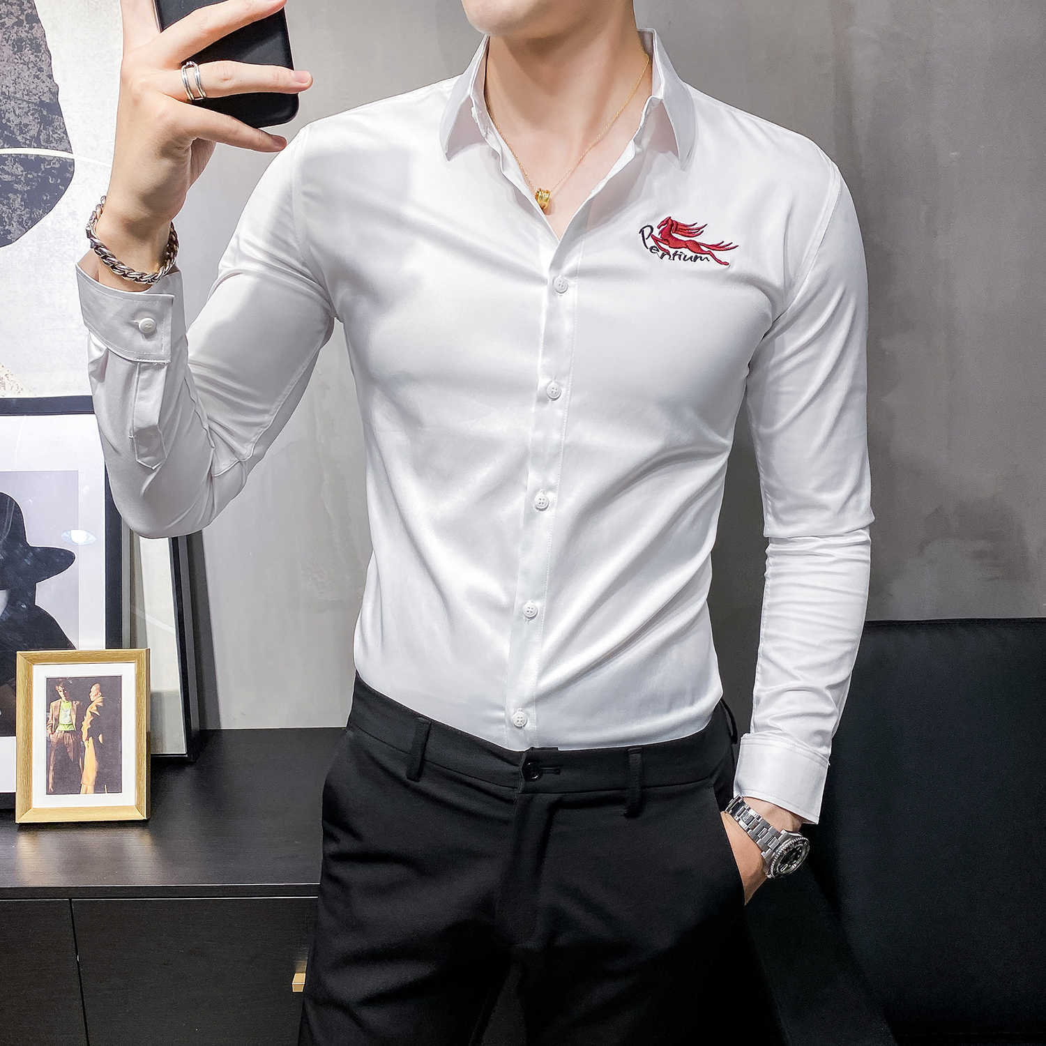 

British Style Men Shirts White Black Long Sleeve Casual Slim Fit Shirt Male Business Formal Dress Shirt Streetwear Chemise Homme 210527