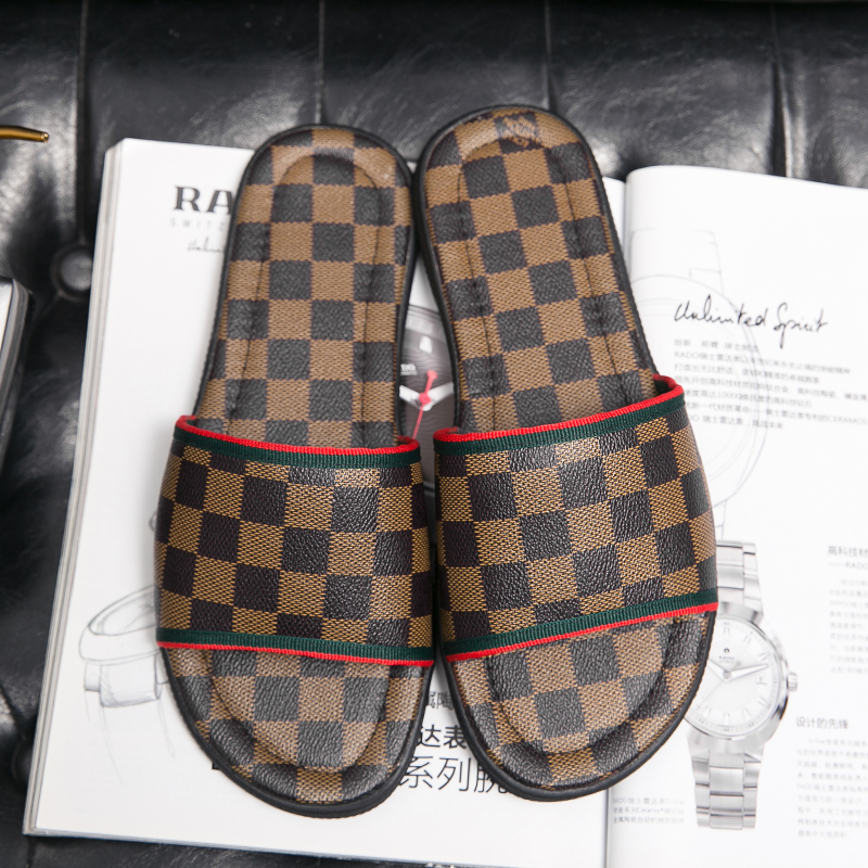 

Checkered pattern men Slippers luxury Brand designer Genuine Leather Slides black brown Beach flip flop outdoor Indoor Flat Sandals Slipper with box Large size 38-48