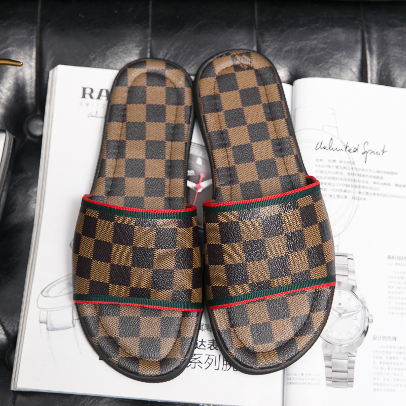 

Checkered pattern men Slippers luxury Brand designer Genuine Leather Slides black brown Beach flip flop outdoor Indoor Flat Sandals Slipper