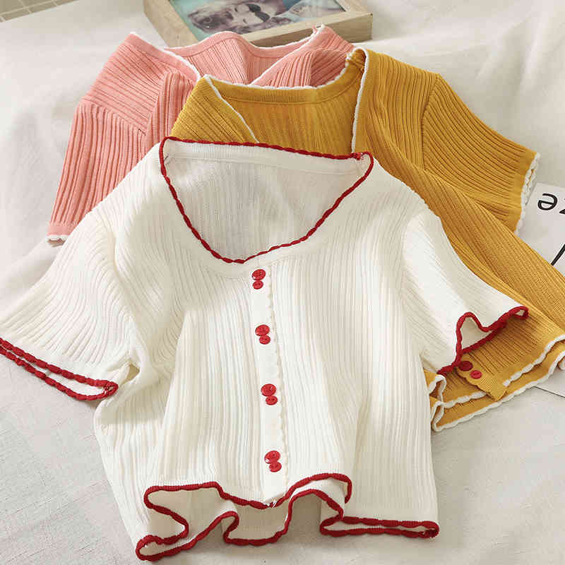 

Knitted T- Shirts Women V-Neck Short Sleeve Buttoned Up Flounce Hem Casual Streetwear Crop Tees For Tops Summer 210518, White