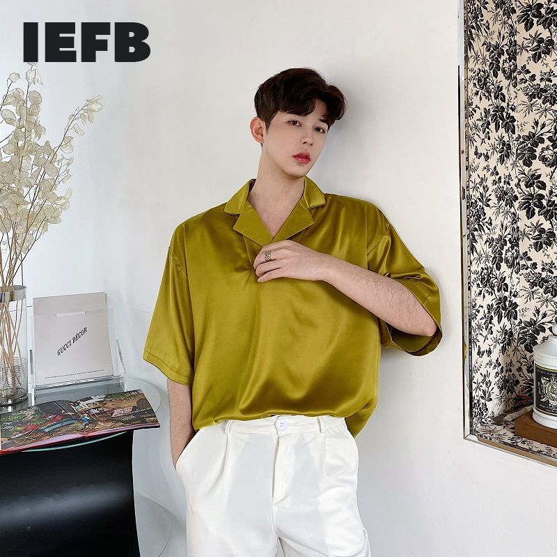 

IEFB /men's wear Personalized fashion satin loose comfortable pullover shirt short sleeve korean tops male summer Y2573 210524, Yellow