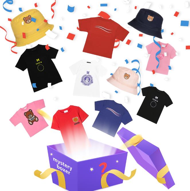 Surprise Gifts Set Mystery Box Kids Tshirts Hat Fashion Bear Pattern Wave Printed Tees Tops Child Blind Boxes-image-738079776
