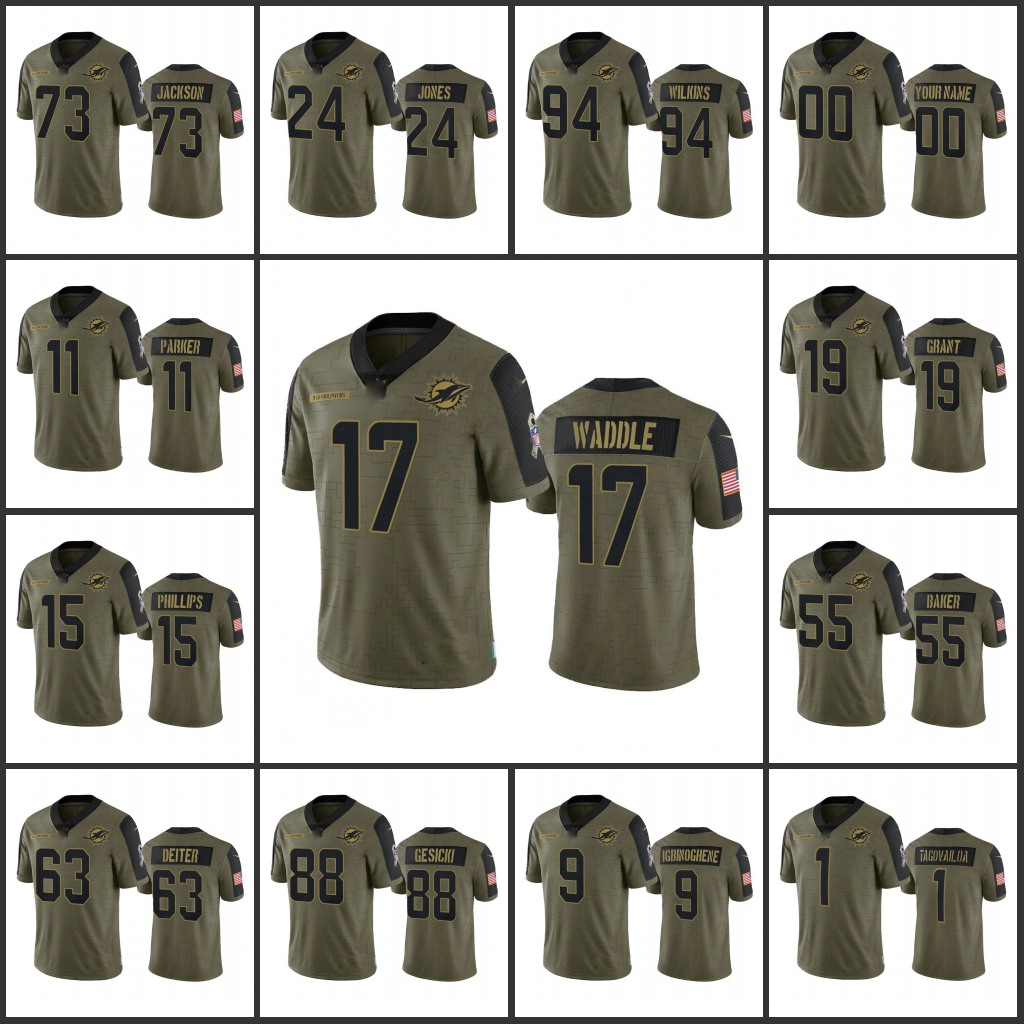 

Jersey Miami''Dolphins''Men #1 Tua Tagovailoa 24 Byron Jones 17 Jaylen Waddle 11 DeVante Parker Custom Women Youth''NFL''Olive Salute To Service