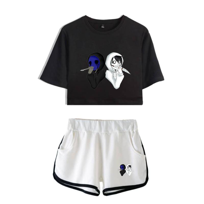 

Unique Horror Atmosphere Of Black Humor Creepypasta Print Leisure Women Two Piece Set Shorts+lovely T-shirts Clothes Women's Tracksuits, Gray