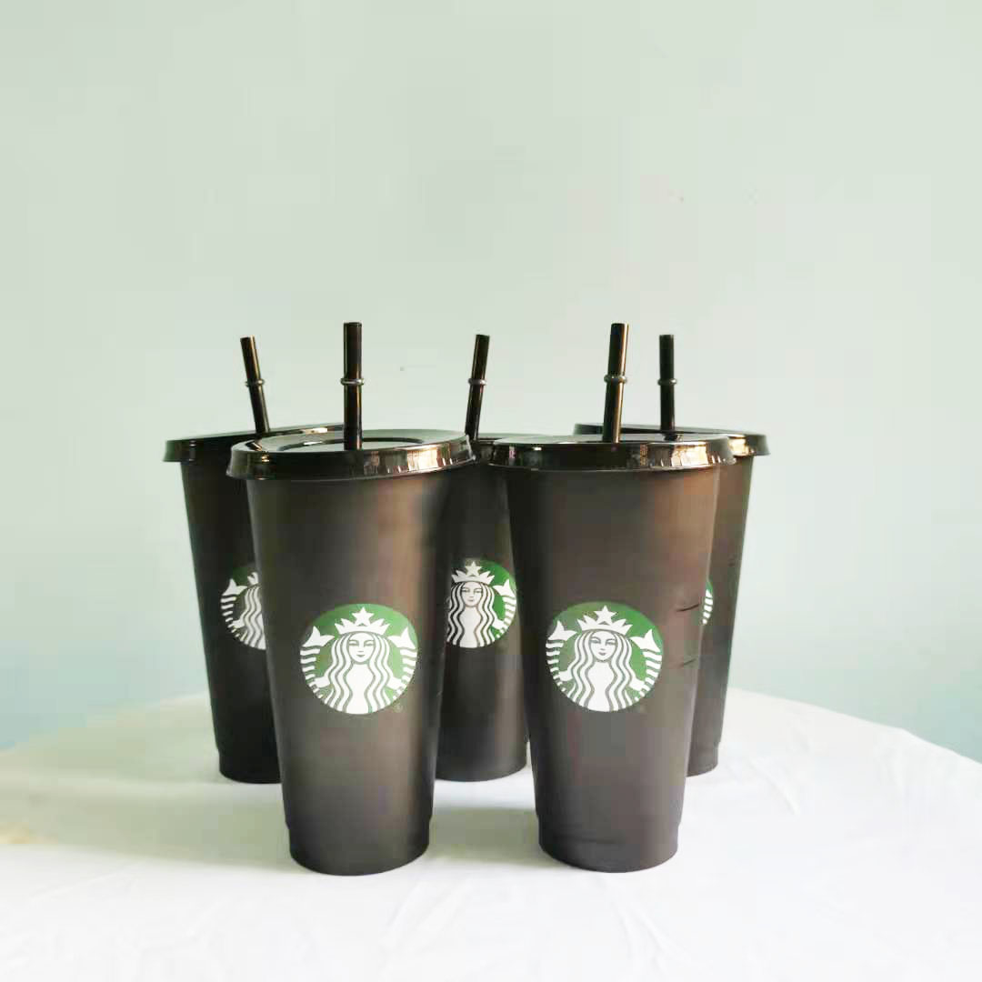 

Starbucks Tumblers 24oz/710ml Plastic Tumbler Reusable Black Drinking Flat Bottom Cup Pillar Shape Lid Straw Mug, Opp bag only