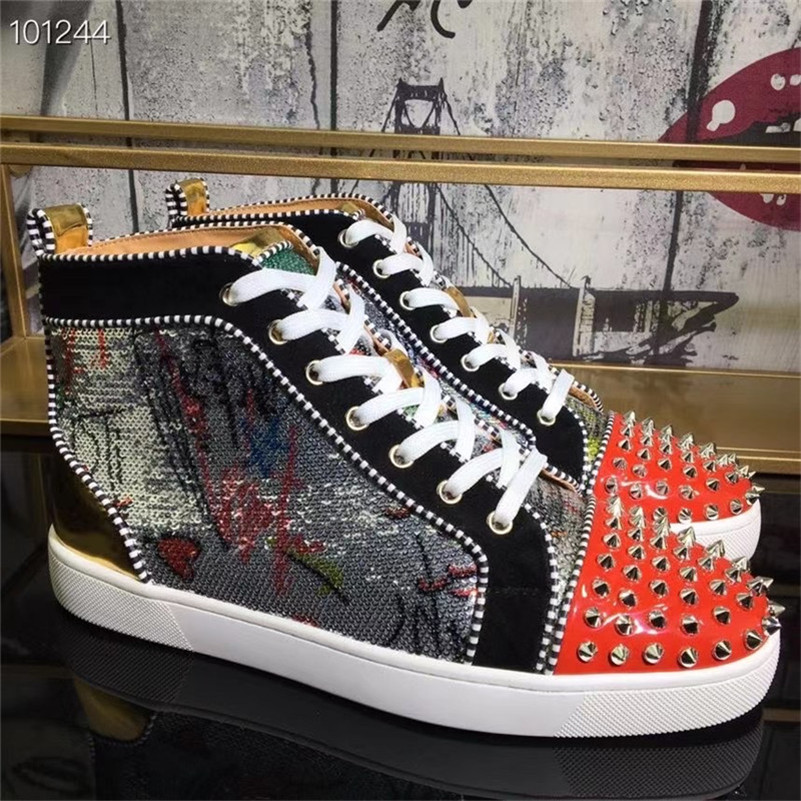 

Designers Rivets Red Bottom Casual Shoes Branded Studded Spikes High-top Sneakers With Box Size US 13 Balck Genuine Leather Women Men Boots, 10