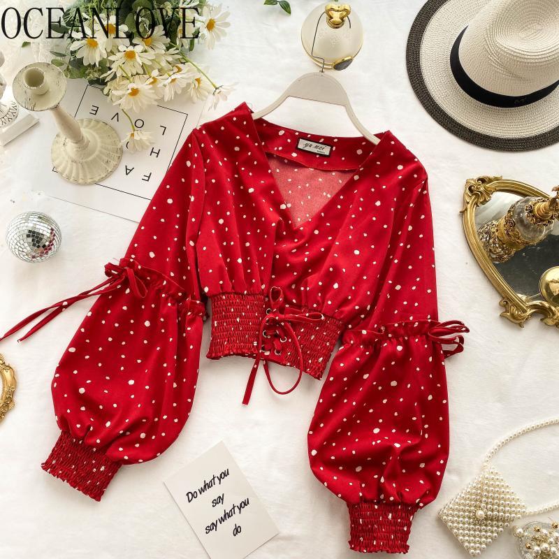 

OCEANLOVE Polka Dot Short Women Blouses and Tops Sexy V Neck Bandage Chic 2021 Puff Sleeve Shirts Spring Korean Blusas 13627, Black