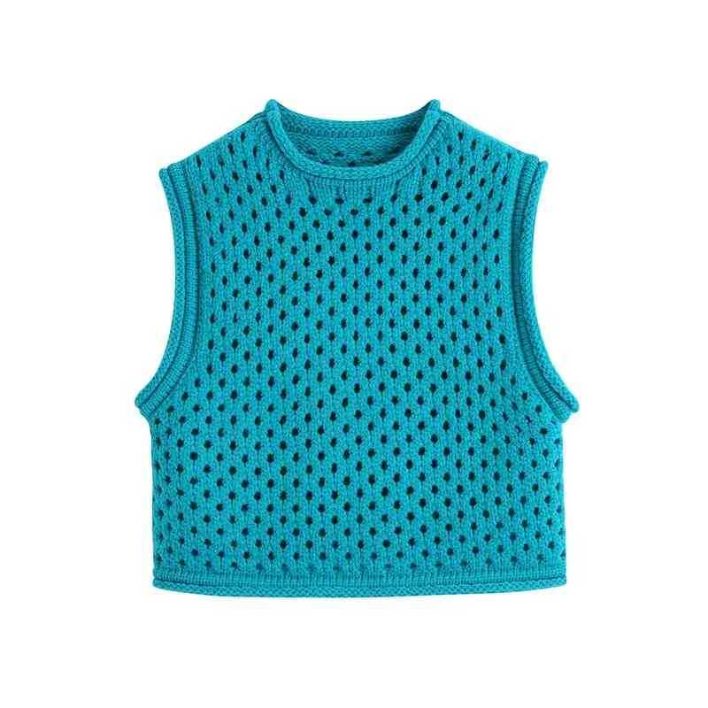 

Women Casual Hollow Out Knit Vest Sleeveless O neck Crop Knitwear Vests Female Sweater Tank Tops 210525, Blue