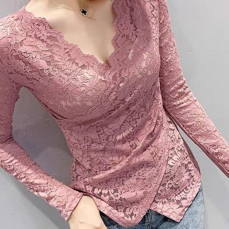

Women' Blouses & Shirts Sexy Lace Women Summer 2021 V-Neck Slim Long-Sleeved Elegant Office Lady Pulls Tops Outwear, Pink
