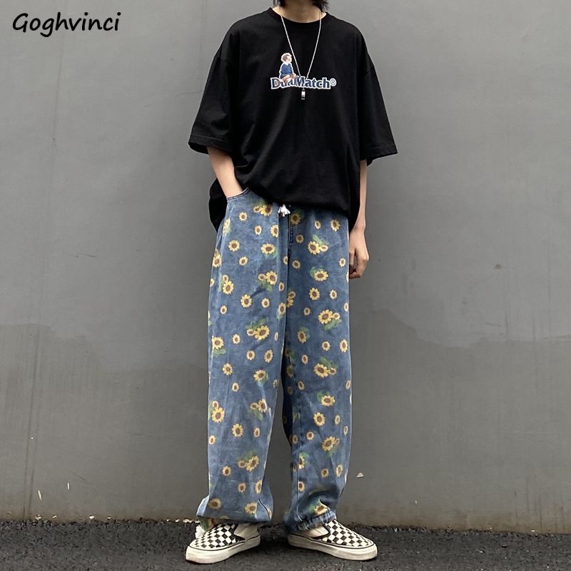 

Jeans Women Harajuku Loose Vintage Sunflower Printed Denim Blue Womens Casual Streetwear Boyfriend Straight Trousers Unisex New, Ankle length-blue