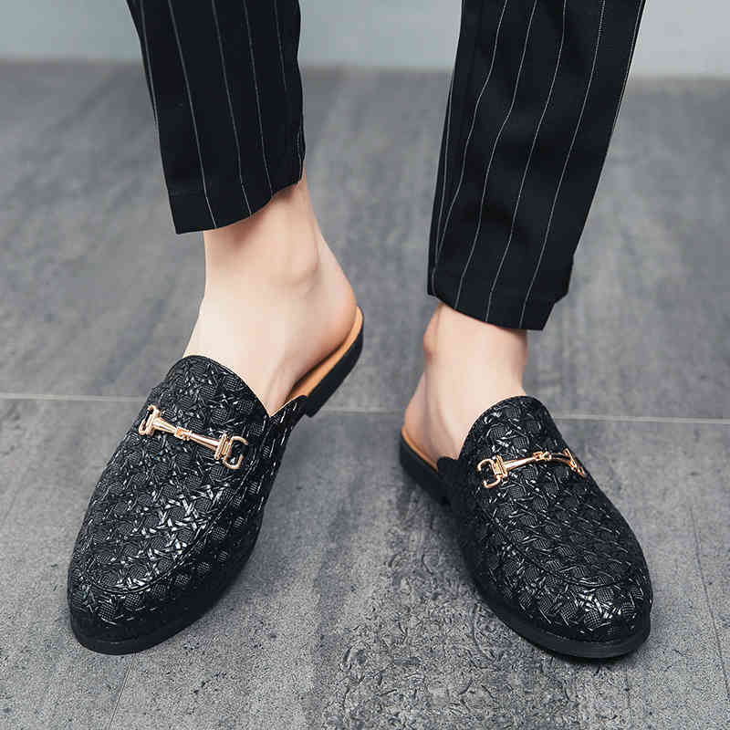 

Dress Shoes Black Half Men Leather Mules Casual Slippers Fashion Sapato Social Masculino Mocassin Homme Chaussure 8SAT, White