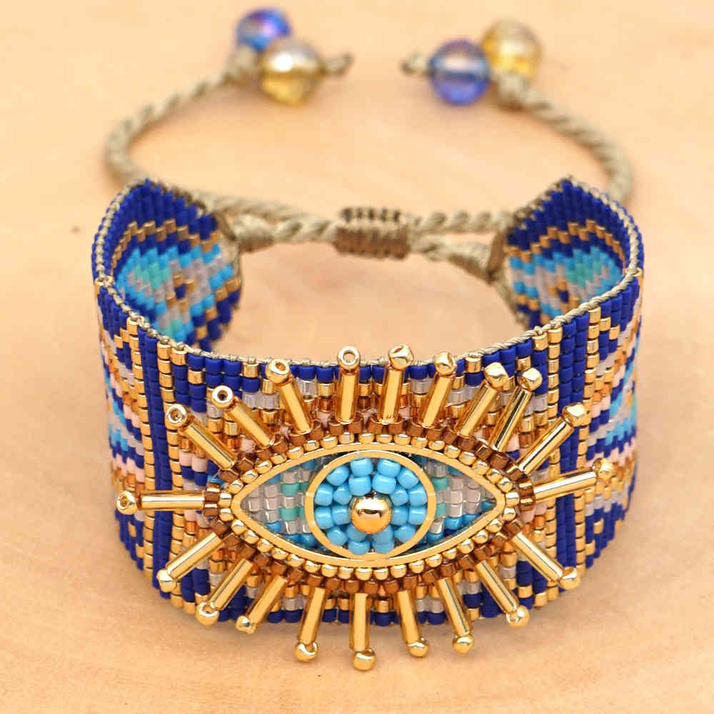 

WT-B543 Japanese imports Miyuki rice hand-woven blue Turkish evil eye female boho weaven beads bracelet