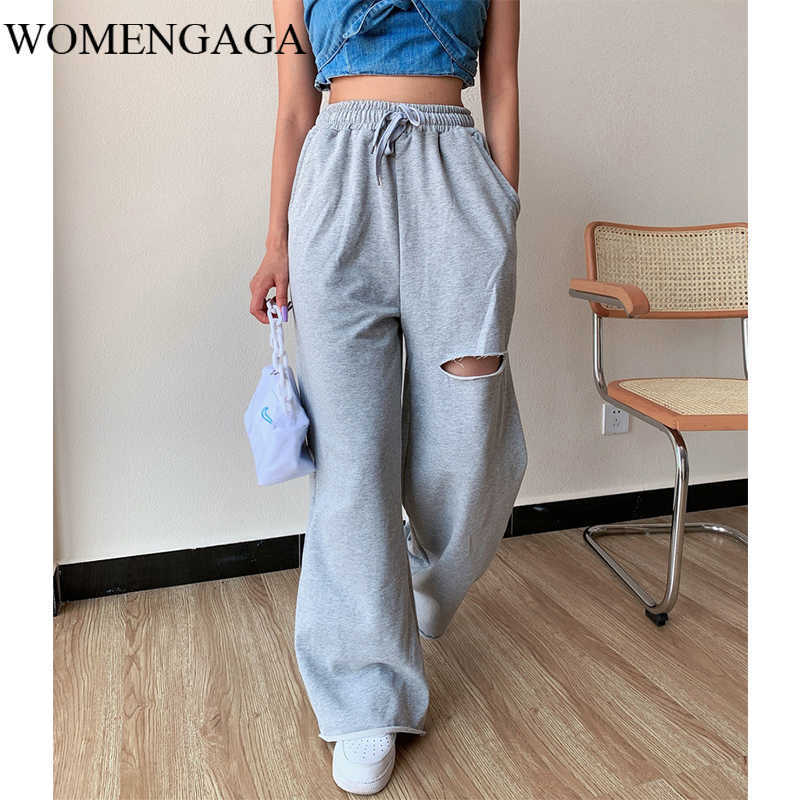 

European Street Ripped Casual Pants High Waist Loose Drape Straight Trousers Gray Elastic Harem QXZ07 210603, Light gray