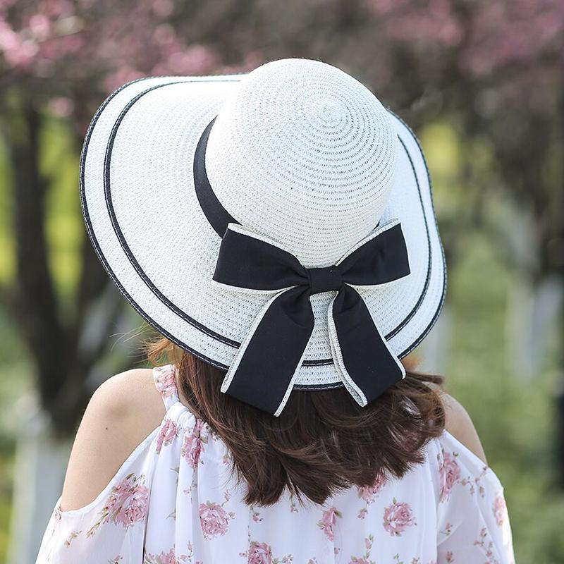 

Wide Brim Hats 2021 Summer Parent-child Beach Hat Female Casual Panama Lady Brand Women Flat Bowknot Straw Cap Girls Sun, White
