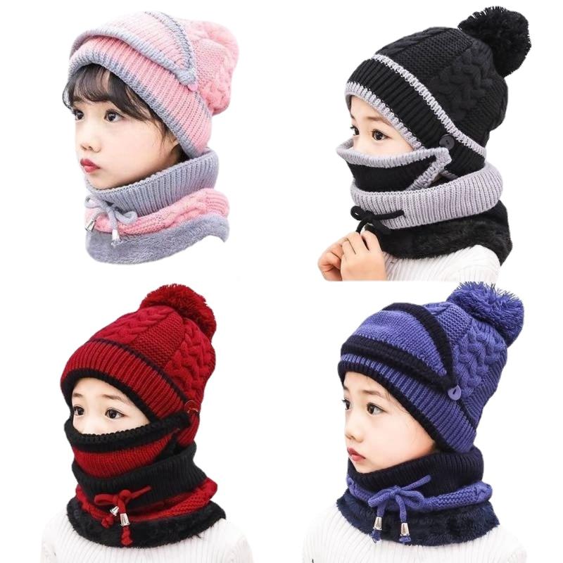 

Caps & Hats Two-piece Suit Winter Knitted Beanie Hat Mouth Neck Warmer Set For Girls Boys Kids, Warm Fleece Lined Ski With Pompom 3-12Y, Yellow