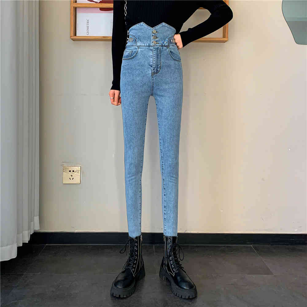

jean Women High Waist Jeans Blue Stretch Skinny Slimming Trousers Female Spring 2021 Denim One Breasted Pencil Pants, 02