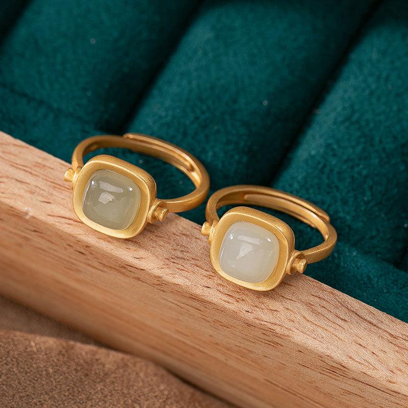 

Cluster Rings S925 Sterling Silver Gilded Hetian Jade Green White Elegant Classic Women Adjustable Ladies Geometry Ring K0144, Golden;silver