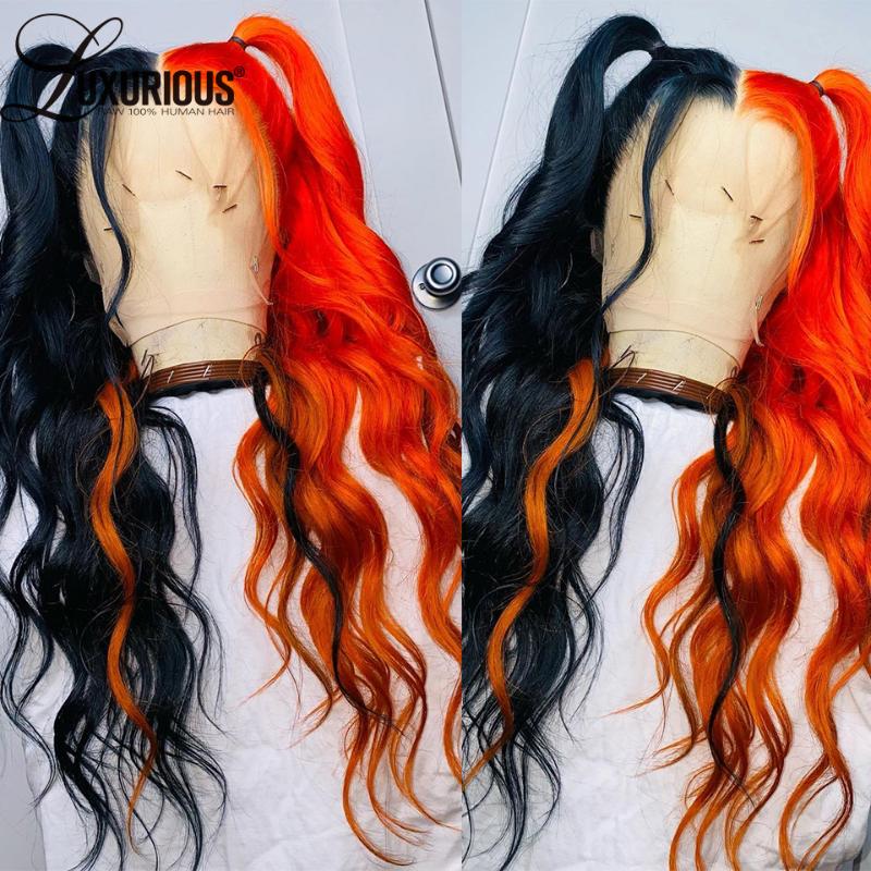 

Lace Wigs Colored Half Red Black Frontal Human Hair For Women Ginger Orange Loose Deep Wave Wig Brazilian Remy, Body wave