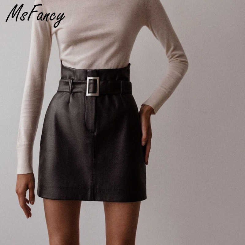 

Msfancy Summer High Waist Mini Skirts Women Leather A-line Short Faldas with Belt Mujer Elegant Skirts 210604, Brown
