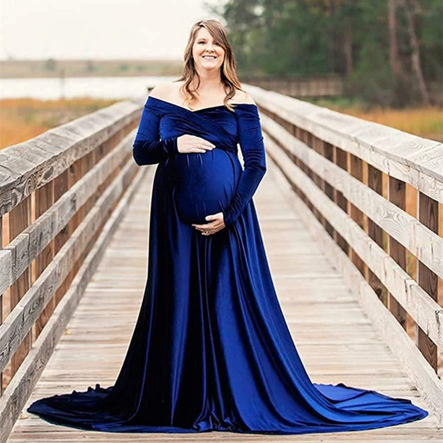 

New Pleuche Maternity Dress Photography Long Pregnancy Dresses Elegence Maxi Maternity Gown Photo Prop For Pregnant Women Shoot, Blue