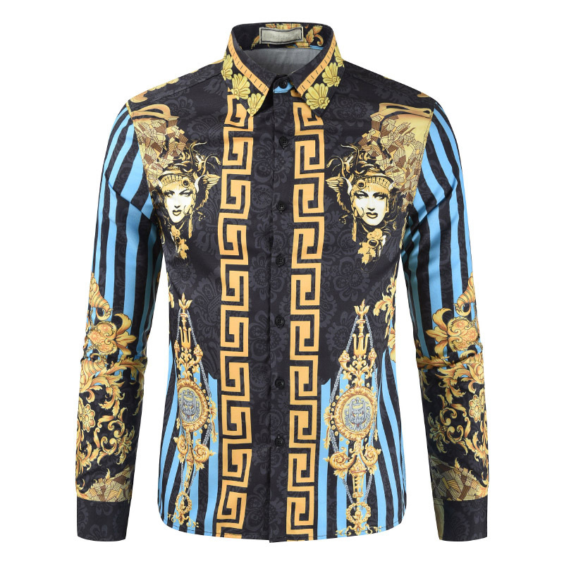 

Autumn products men's casual 3D character flower shirts ethnic style male long sleeved shirt Dashiki Blouse Chemise Homme, Blue