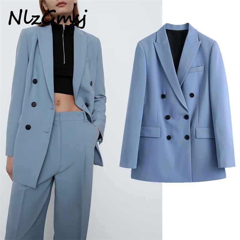 

Blazer Women Fashion Blue Coat Vintage Double Breasted Long Sleeve Female Outerwear Chic Tops 210628, As picture