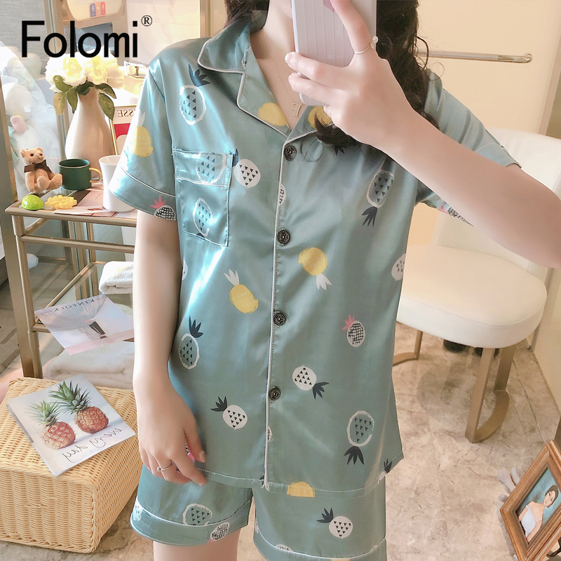 

20212021 new printing short sleeve silk pajamas set two pieces set women sleepwear cute nightwear for women sleeping set, Black;red