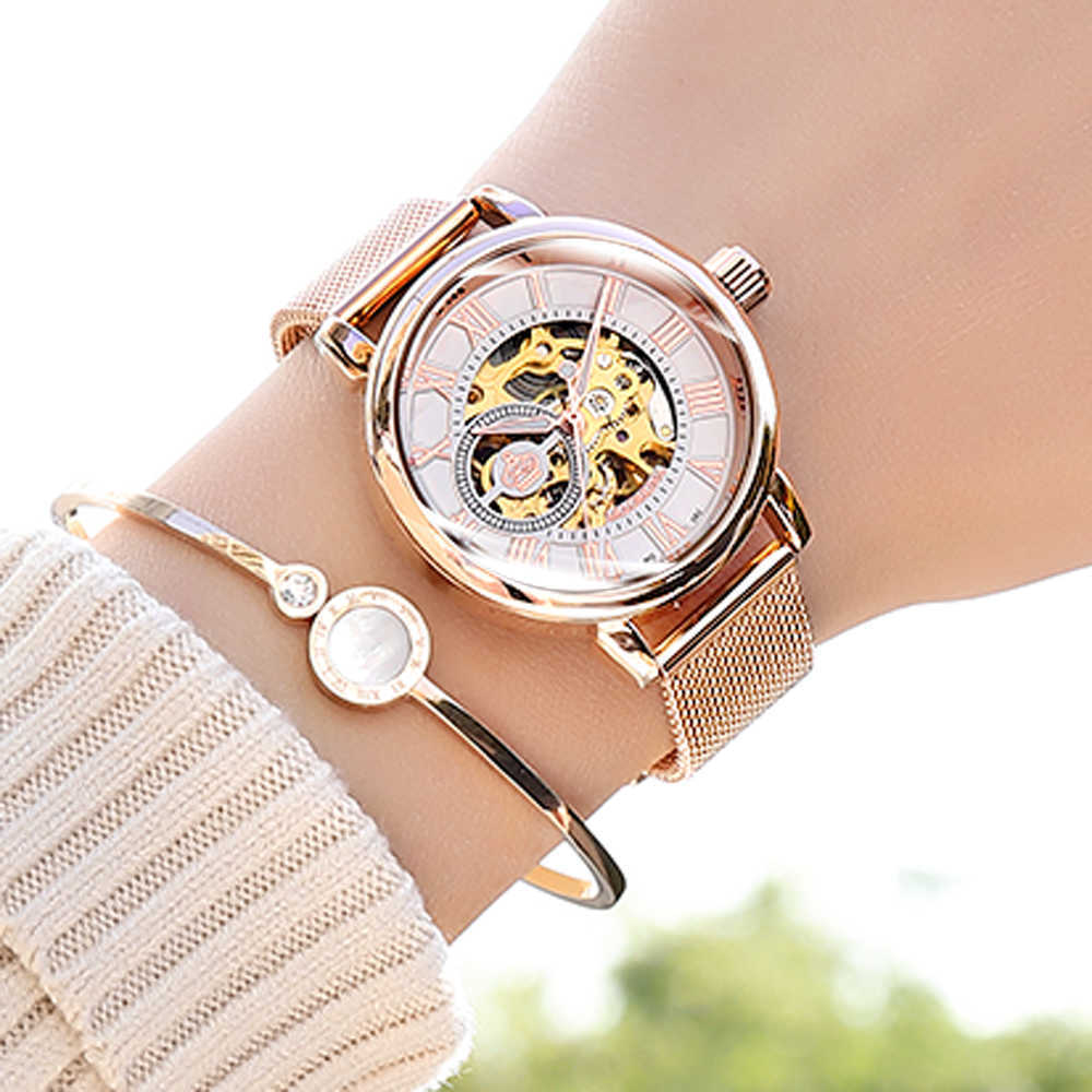 

Fashion Luxury Brand Skeleton Women Mechanical Watches Female Clock Automatic Self-Wind Wristwatches for Ladies Montre Femme 210616, Silver white