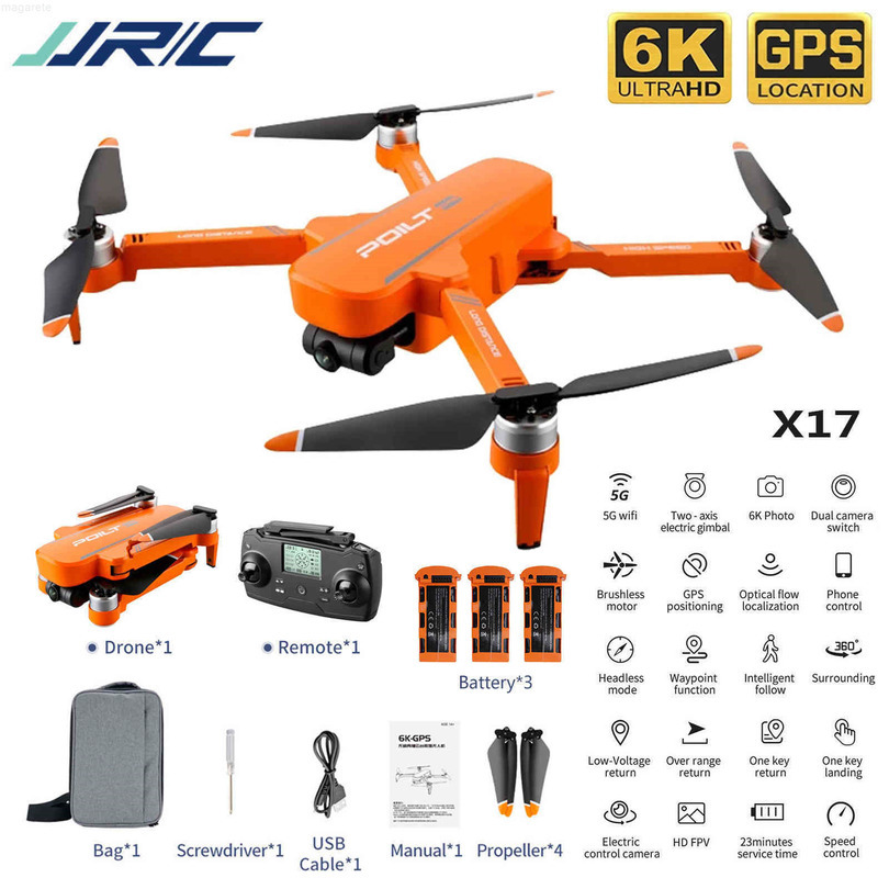 

Jjr / c-dron x17 6k-gps axis brushless universal joint, dual cameras, 1km long, 30min, professional, 5g, Orange 1b
