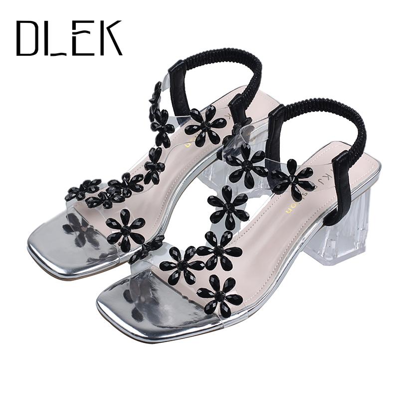 

Sandals For Women 2021 Comfortable Summer Fashion High Heels Shoes Flower Back Strap Slip On Elastic Band Shoe Dress, Black