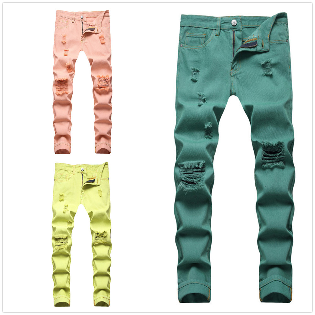 

Men's Jeans Fancy Neon Color Y2K Denim Streetwear Slim Straight Pants Holes Ripped Trousers Green Yellow Pink Man clothing, Extra shipping cost