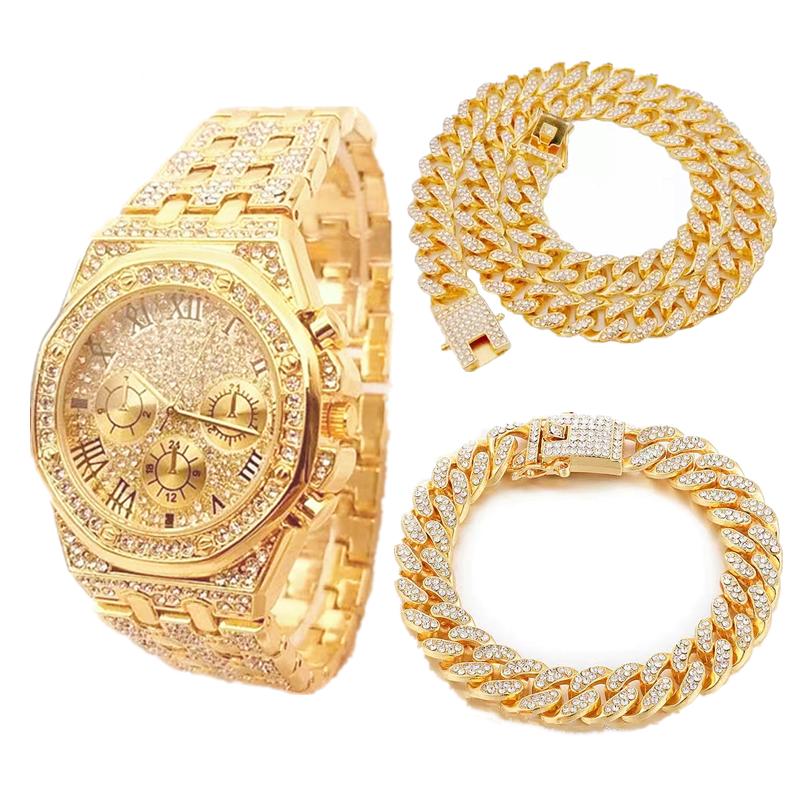 

Wristwatches Hip Hop Watch For Men Iced Out Paved Rhinestones 1Set 3PCS 12MM Full Miami Curb Cuban Chain CZ Bling Rapper Necklaces, A3 sliver