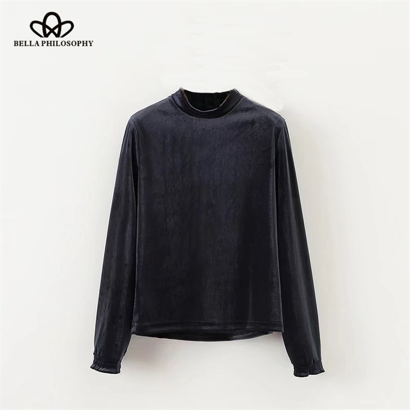 

winter velvet casual darkblue blouse Long sleeves women shirt for female fashion warm solid 210519, Drakblue