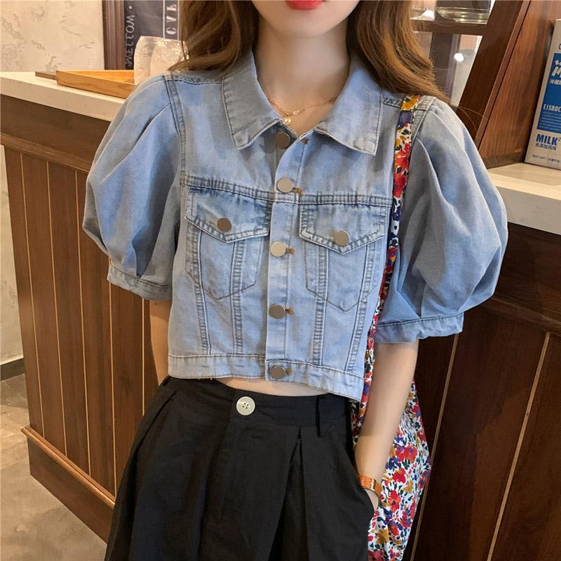 

Women' Jackets Vintage Women Puff Sleeve Denim Coats Korean Fashion Turn-Down Collar Female 2021 Chic Streetwear Jean Jacket, Llight blue