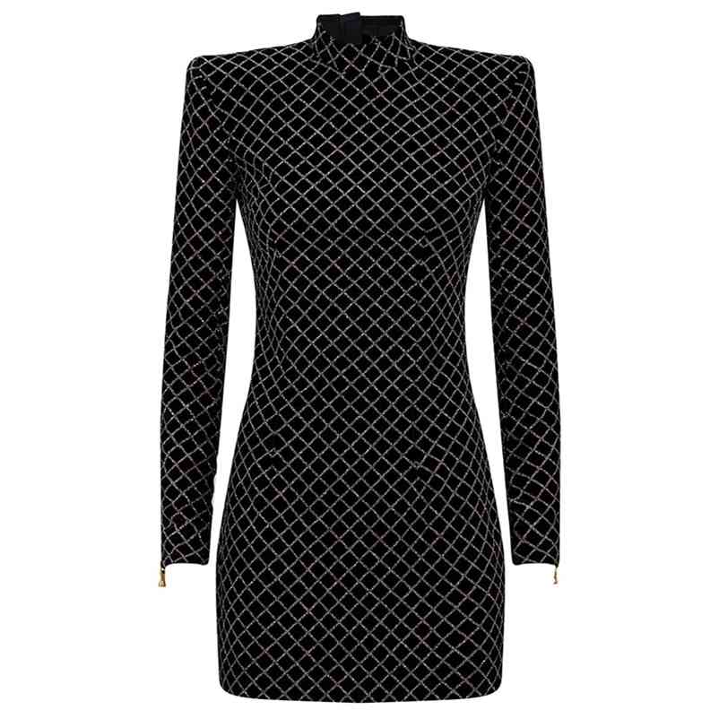 

HIGH STREET est Designer Dress Women's Long Sleeve Plaid Glitter Sequined Sheath Velvet Mini 210521, Blue