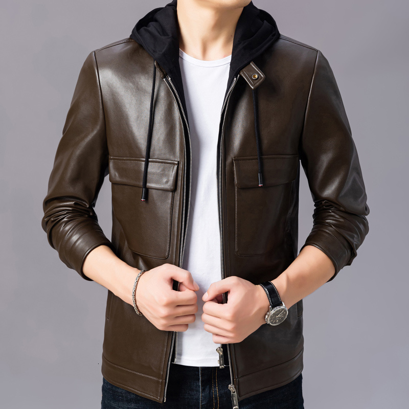 

Men's Leather & Faux High Quality Hooded Jacket Mens Autumn and Winter Fashion Comfortable Casual PU Men Coat EYRS, Pickle color
