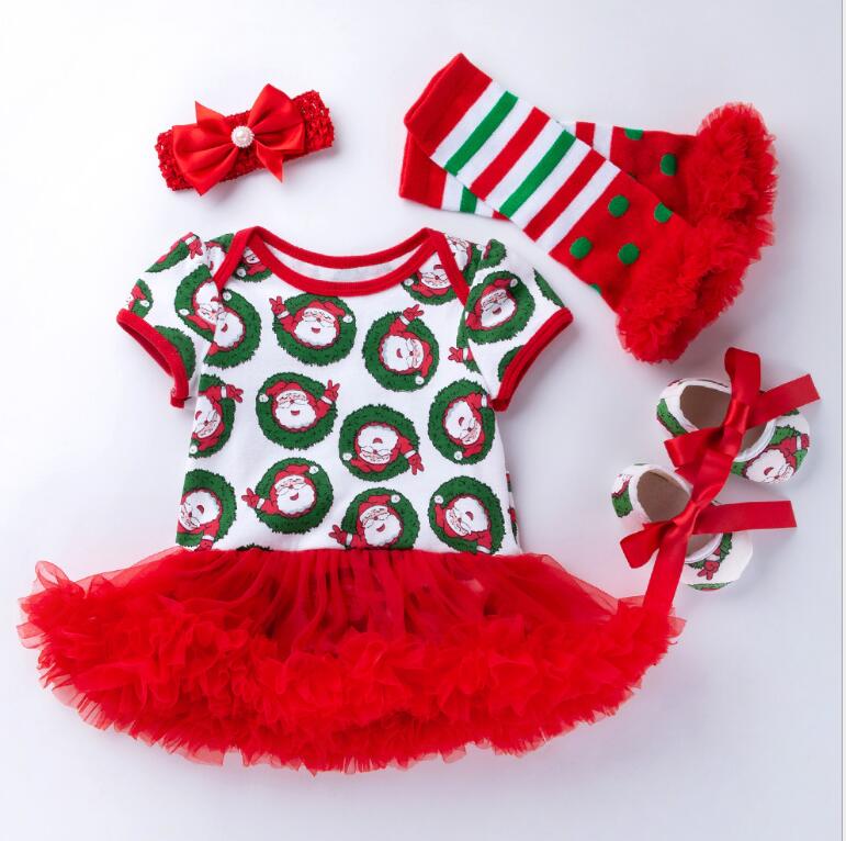 

kids clothing sets 5 Pieces/lot Girl Christmas Children\`s Romper Tutu Dress + hair ornament+ shoes+stockings 4 pieces suit, Customize