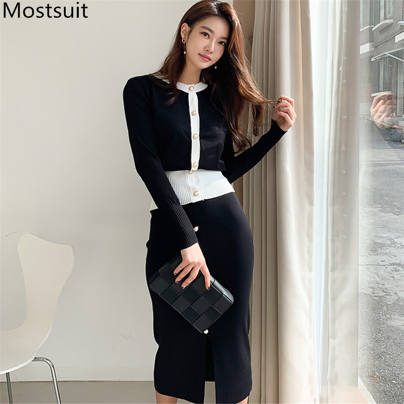 

Spring Black Korean Office Knitted 2 Piece Skirt Sets Women Single-breasted Cardigan Tops + Midi Pencil Fashion Suits 210518