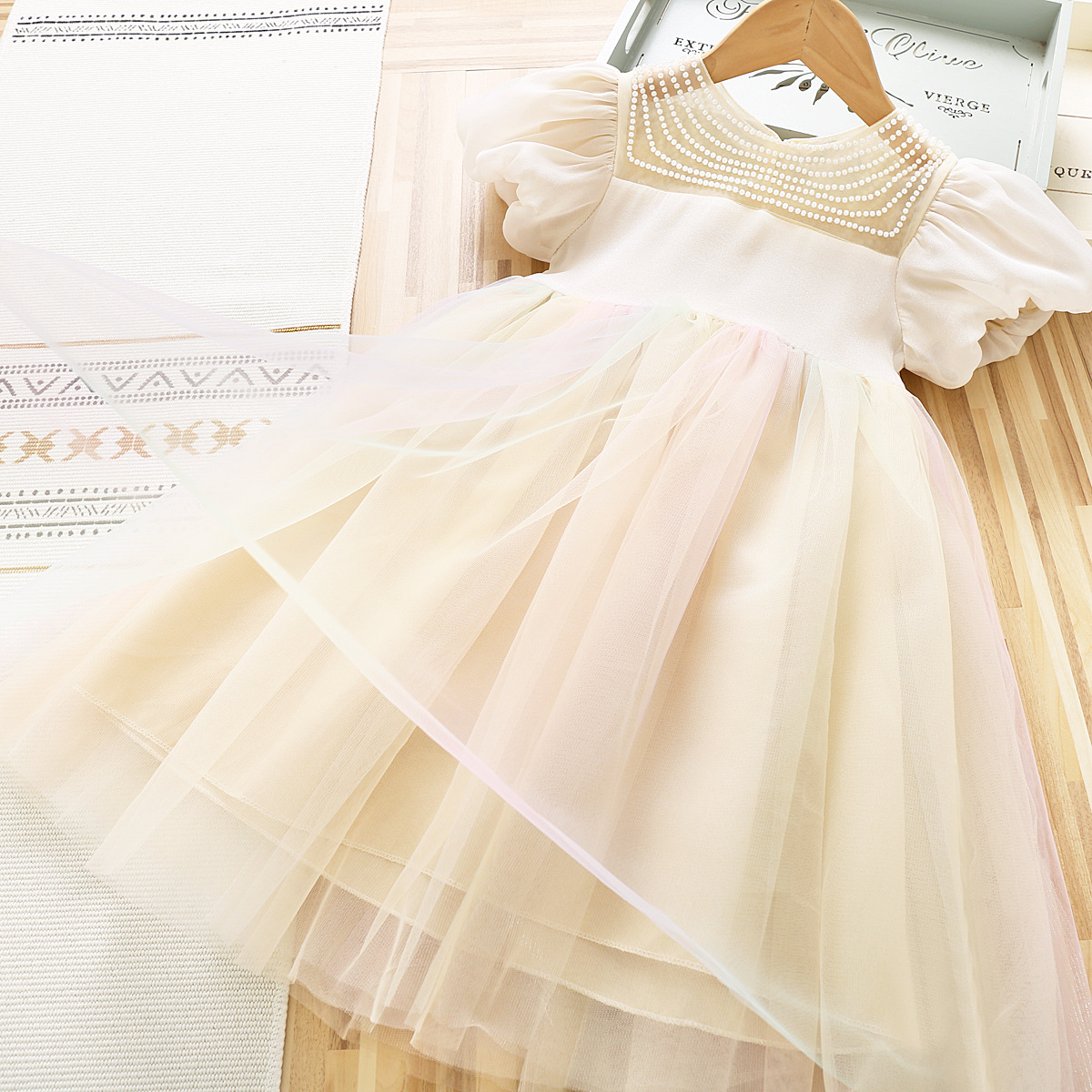 

Exquisite girls Kids Clothes Dress With Pearls Summer Elegant Birthday Party Dresses Children Soft girls Clothing, As picture