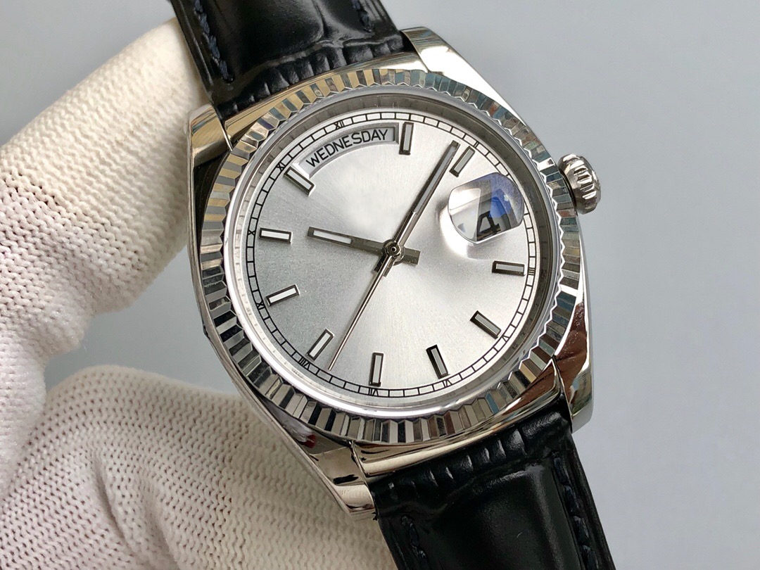 

2021 Newest Style Daydate Mens Automatic Mechanical Watch Diamond Black Brown Dial Men Wristwatch Leather Strap Day DATE Male Watches Man Wristwatches, Sapphire glass