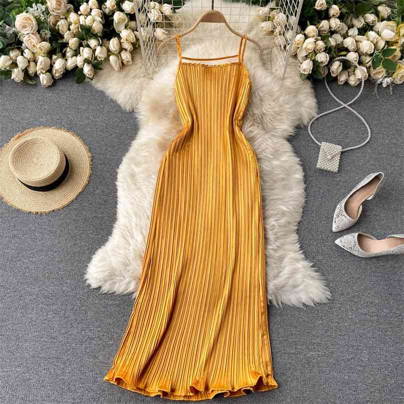 

Women's Dress Solid Spaghtti Strap Sleeveless Summer Long Boho Style Holidays Pleated Maxi for Party Robe 210603, Orange