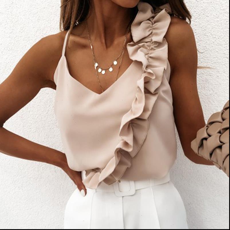 

v neck ruffle summer women shirts backless spaghetti strap casual elegant sleeveless office ladies blouses, White