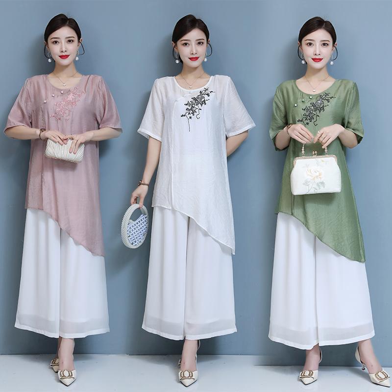 

Women's Blouses & Shirts Summer Ladies Elegant Chinese Style Blouse Short Sleeve Loose Floral Embroidery Vintage Casual Irregular Shirt Tops, White
