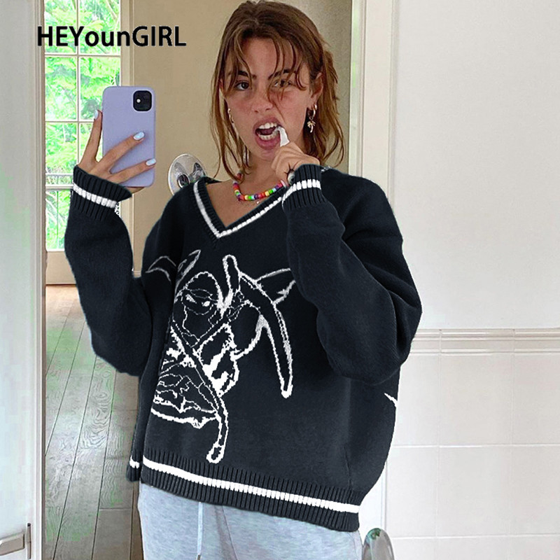 

heyoungirl preppy style oversized knitted sweater women casual v neck autumn jumper ladies print fashion pullover knitwear 2021, Black